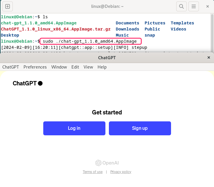 launching ChatGPT on Debian 12 using its AppImage file
