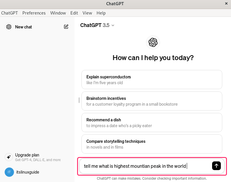 Giving a Prompt to ChatGPT on Debian 12