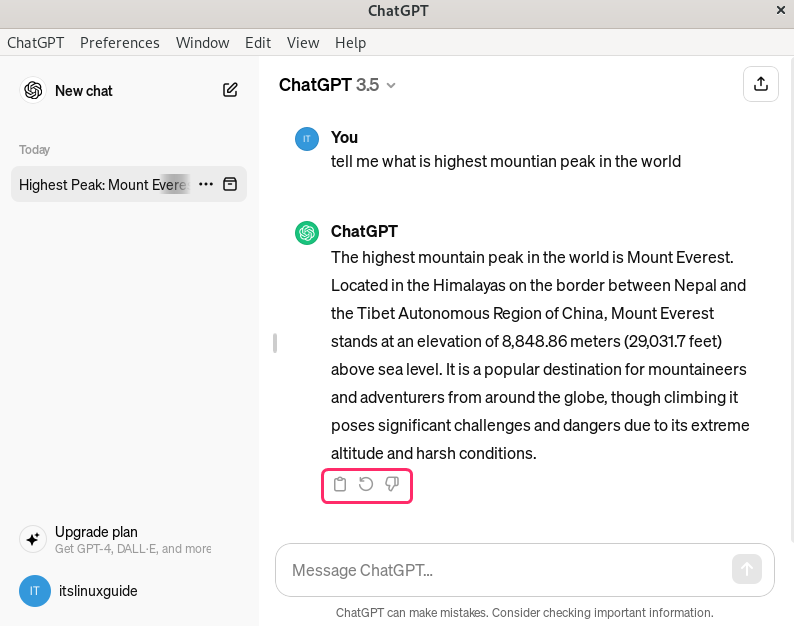 ChatGPT copy, feedback and redo options in Debian 12