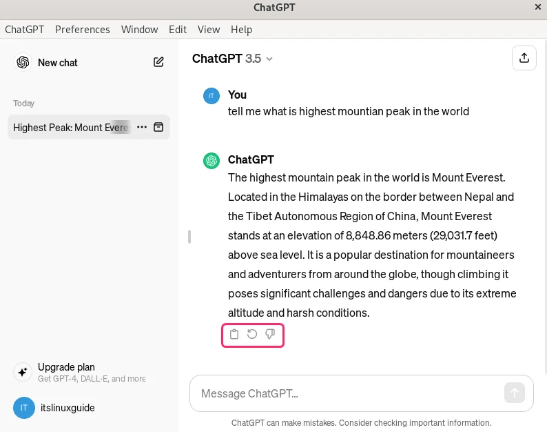 ChatGPT copy, feedback and redo options in Debian 12