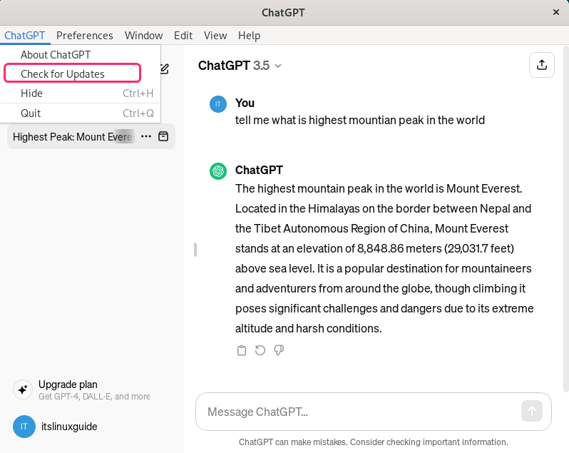 Checking for updates of ChatGPT on Debian 12