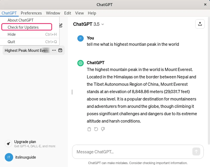 Checking for updates of ChatGPT on Debian 12