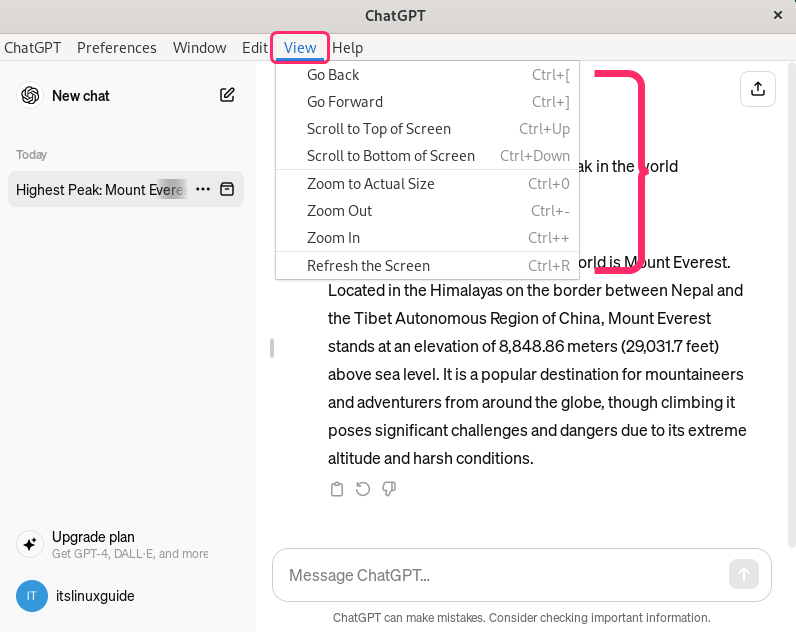 ChatGPT viewing options in Debian 12