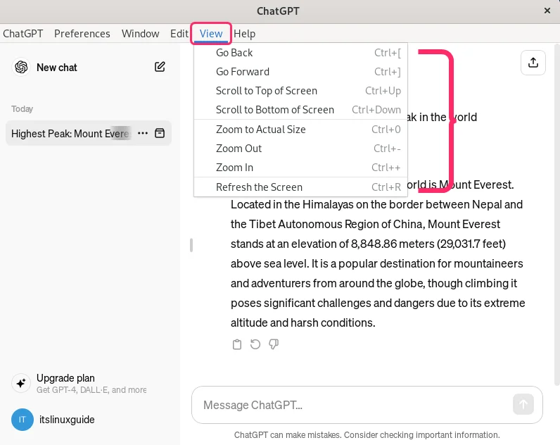 ChatGPT viewing options in Debian 12