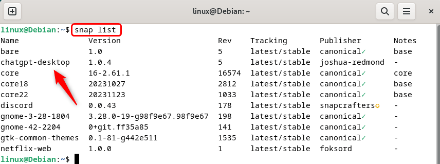 Listing packages installed by Snap package manager on Debian 12