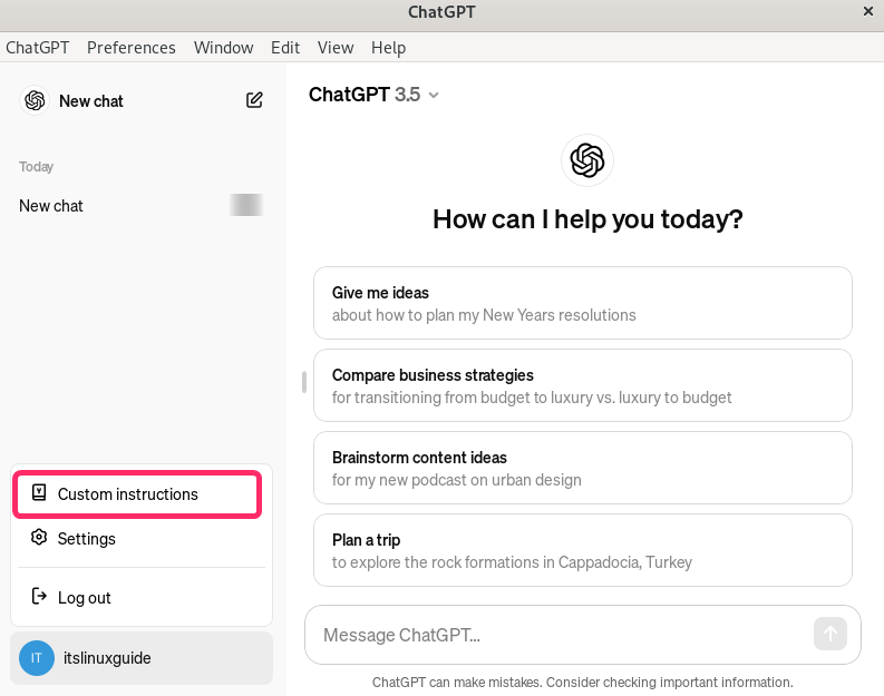 Custom Instaructions option in ChatGPT in Debian 12