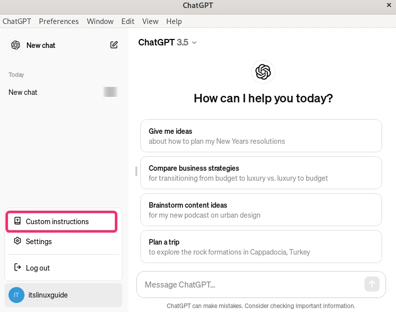 Custom Instaructions option in ChatGPT in Debian 12