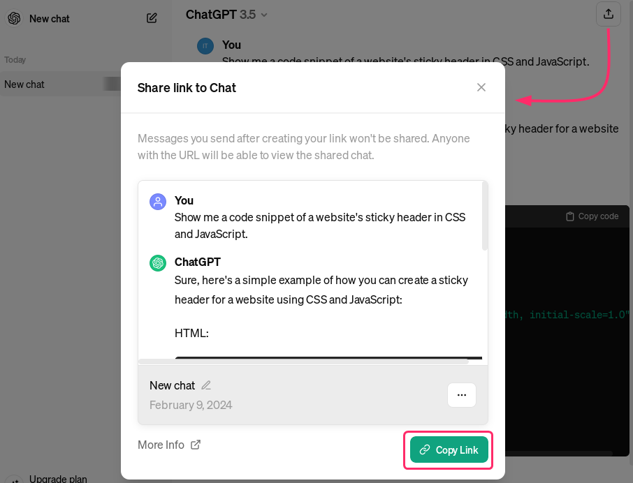 Chat sharing Options in ChatGPT in Debian 12