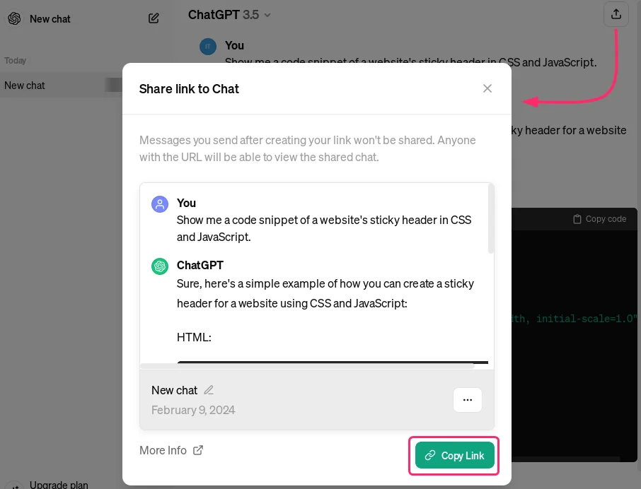 Chat sharing Options in ChatGPT in Debian 12