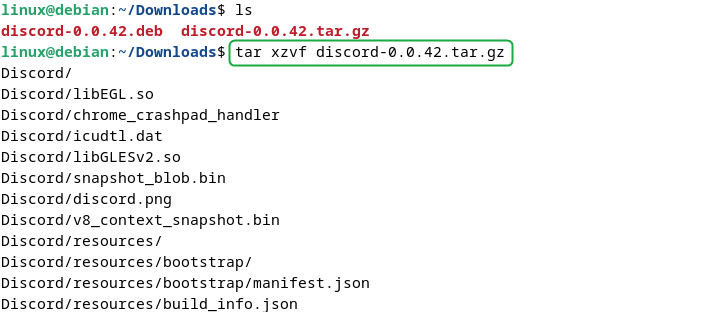 Extracting Discord tar file on Debian