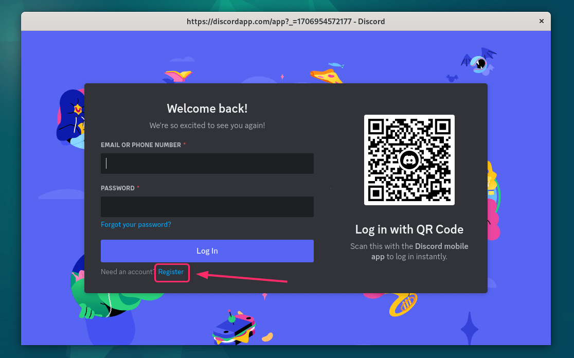Discord Login page on Debian