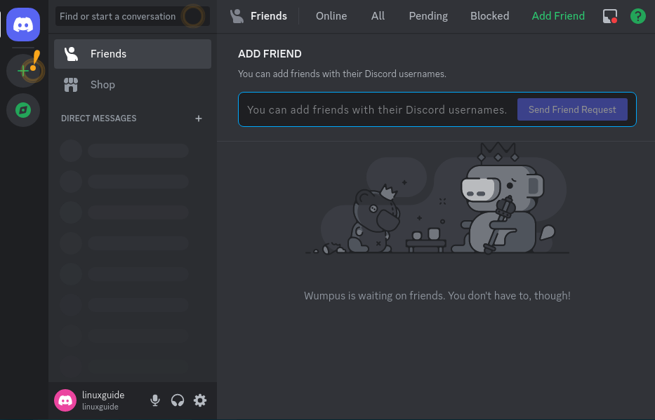 Discord app interface after logging in on Debian