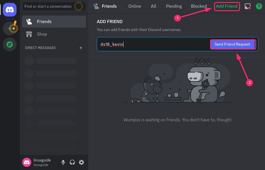Adding a friend in Discord on Debian