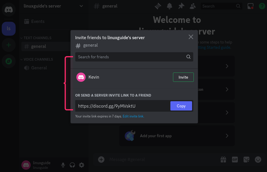 Inviting friends to a Discord server on Debian