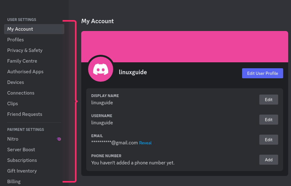 Discord account settings on Debian