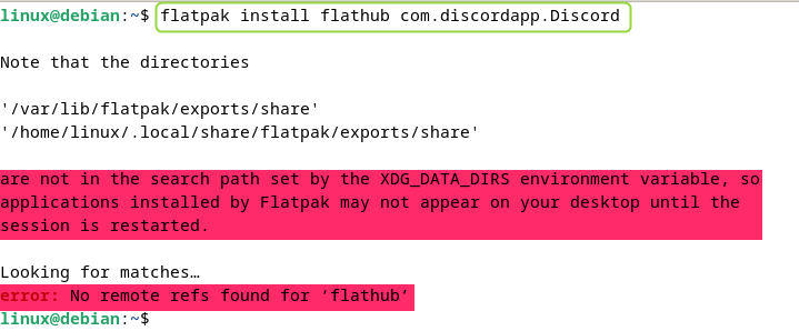 error of no remote refs found for flathub while installing Discord on Debian through Flatpak