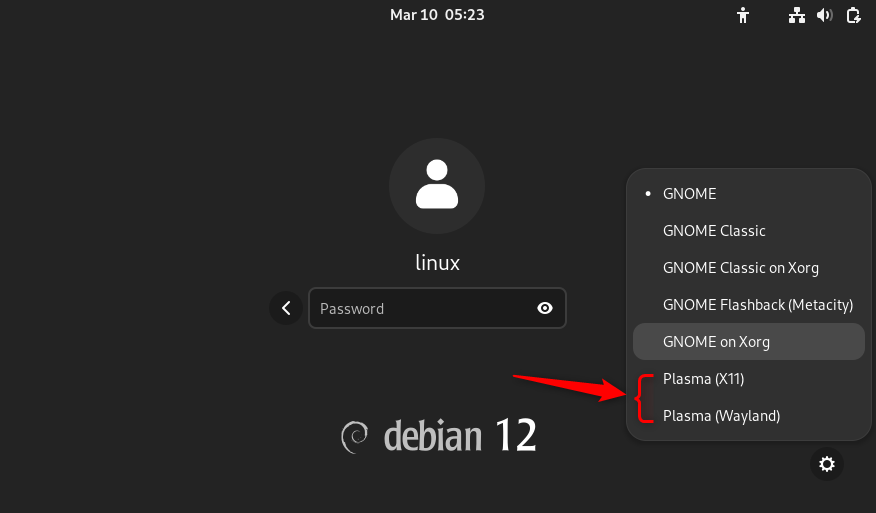 Selecting plasma desktop on Debian 12 using the gdm3 display manager