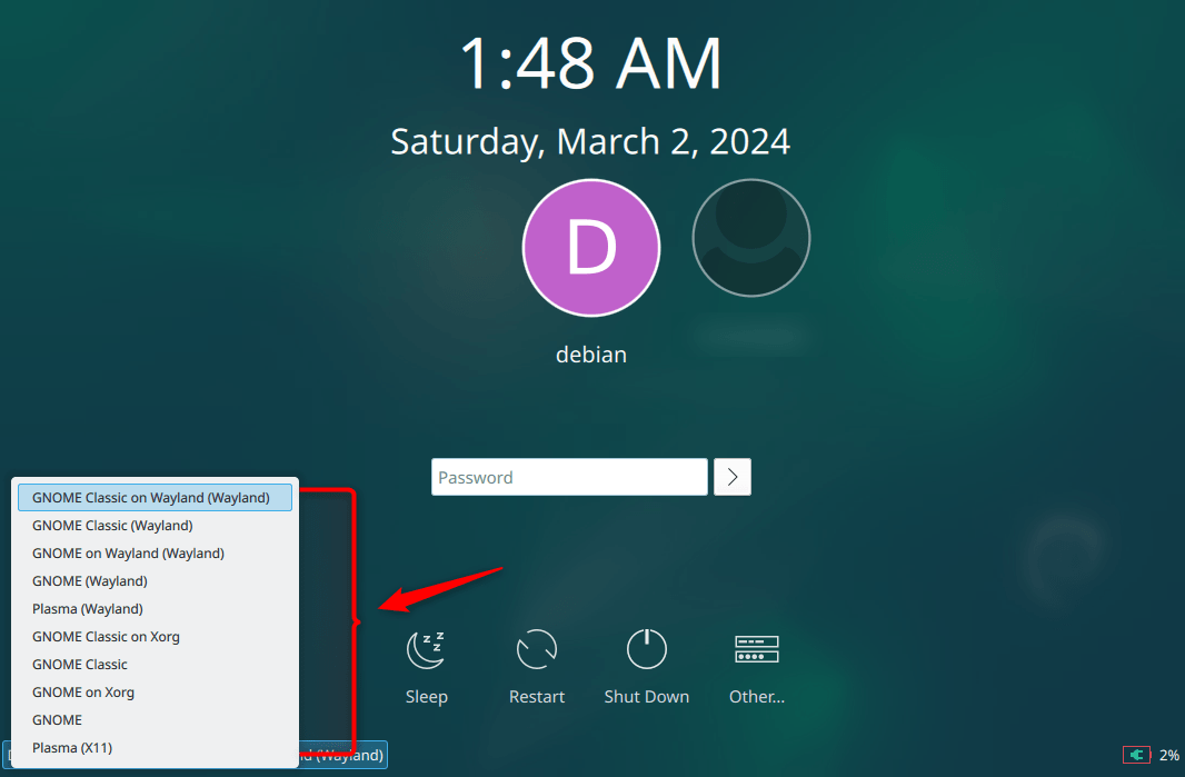 Selecting plasma desktop on Debian 12 using the sddm display manager