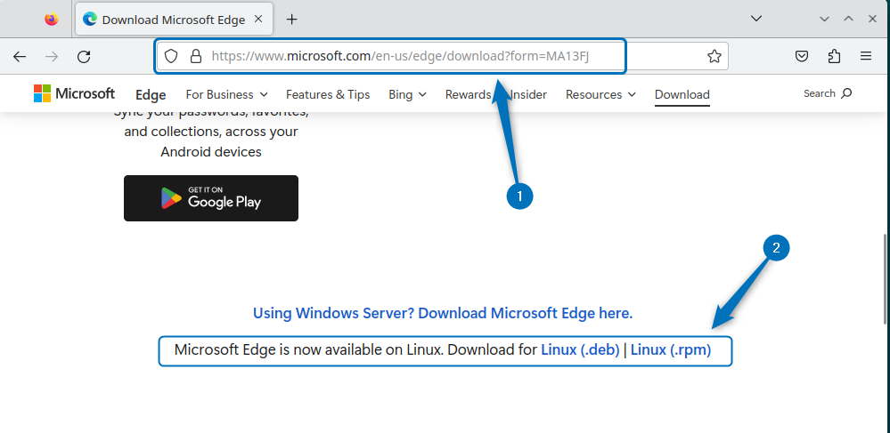 Downloading Edge Deb file on Debian 12 