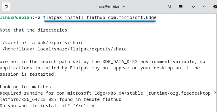 Installing Edge on Debian 12 via flatpak