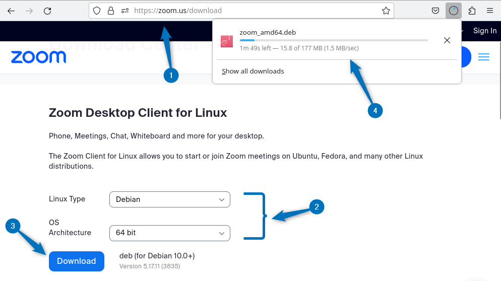Downloading Zoom deb file on Debian 12 