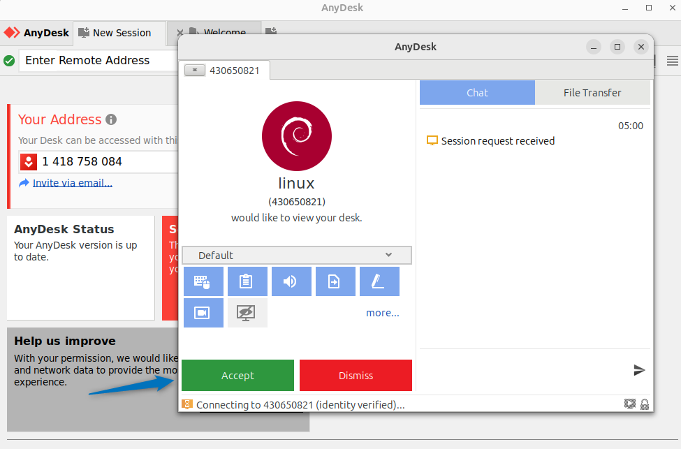 Approving connection request for remote connection of Ubuntu from Debian 12 using AnyDesk 