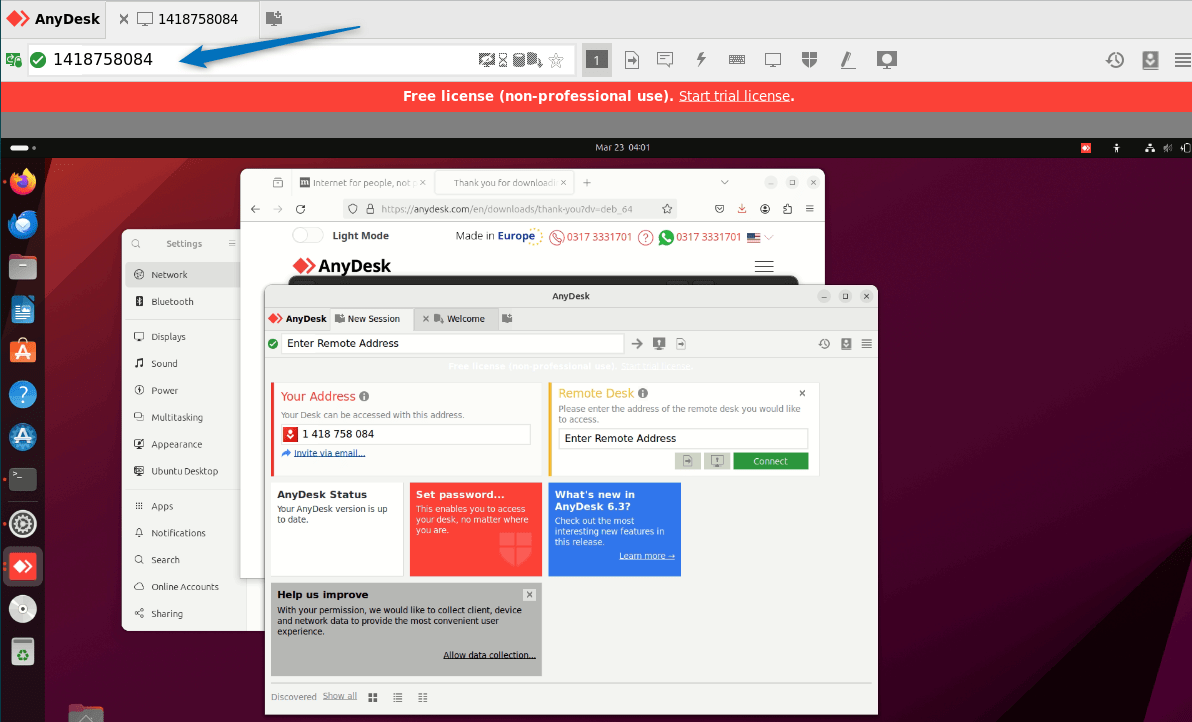 Interface of AnyDesk after accessing Ubuntu remotely from Debian 12 
