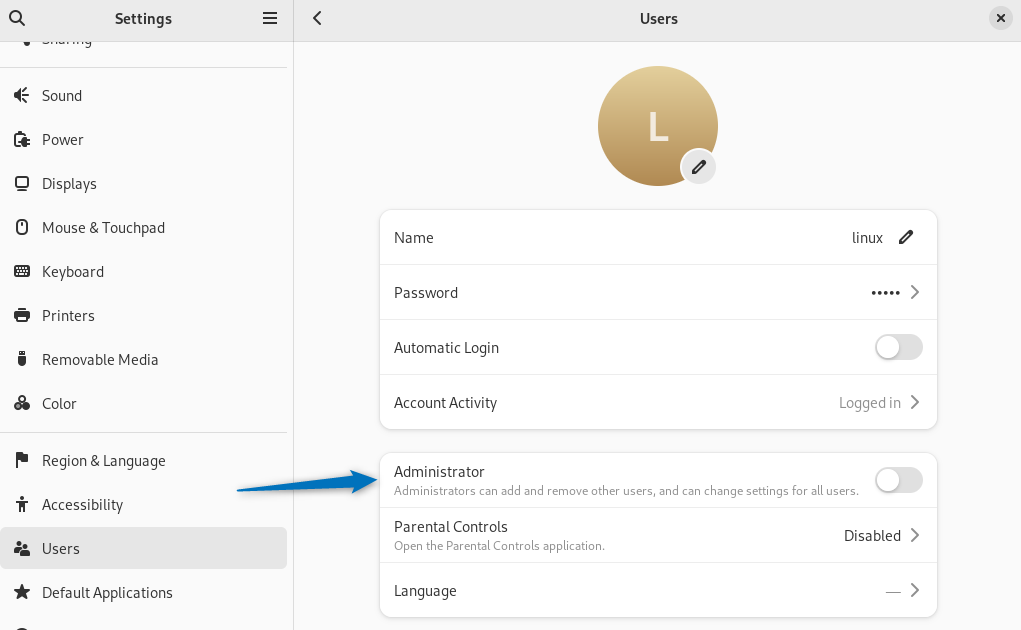 adding user to suoders file by turning on the administrator option in user settings in Debian 12