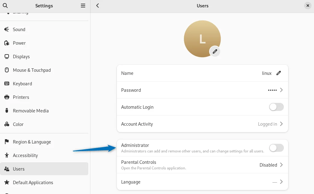 adding user to suoders file by turning on the administrator option in user settings in Debian 12