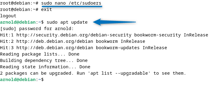 verifying the user added in suoders file by executing update command via sudo on Debian