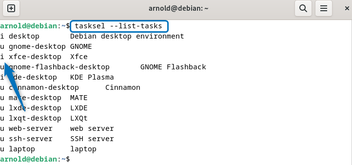 verifying Xfce installation on Debian 12 using tasksel utility