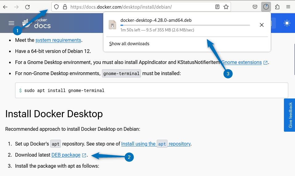 Downloading Docker Desktop Deb file on Debian 12