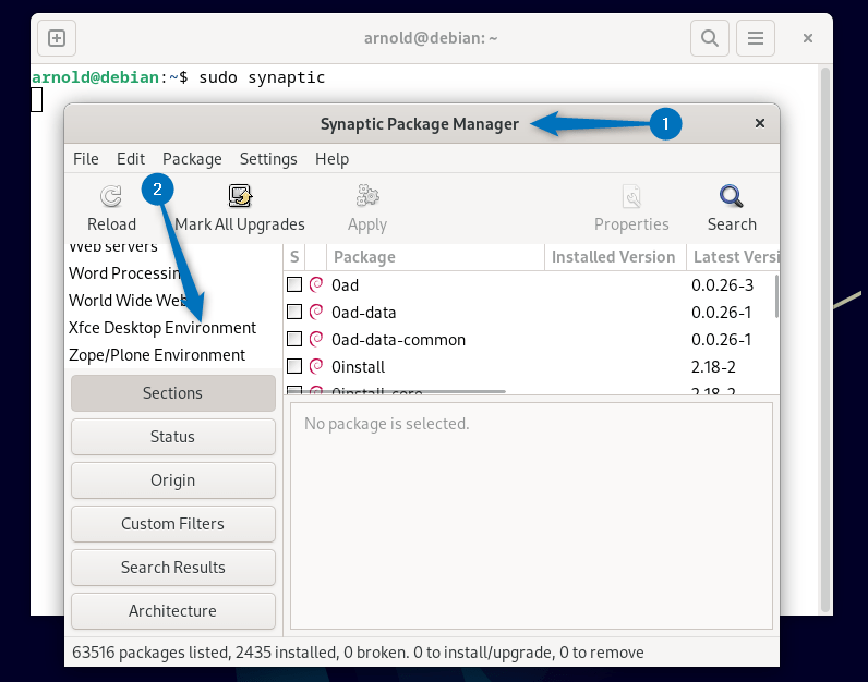 installing Xfce on Debian 12 using Synaptic package manager