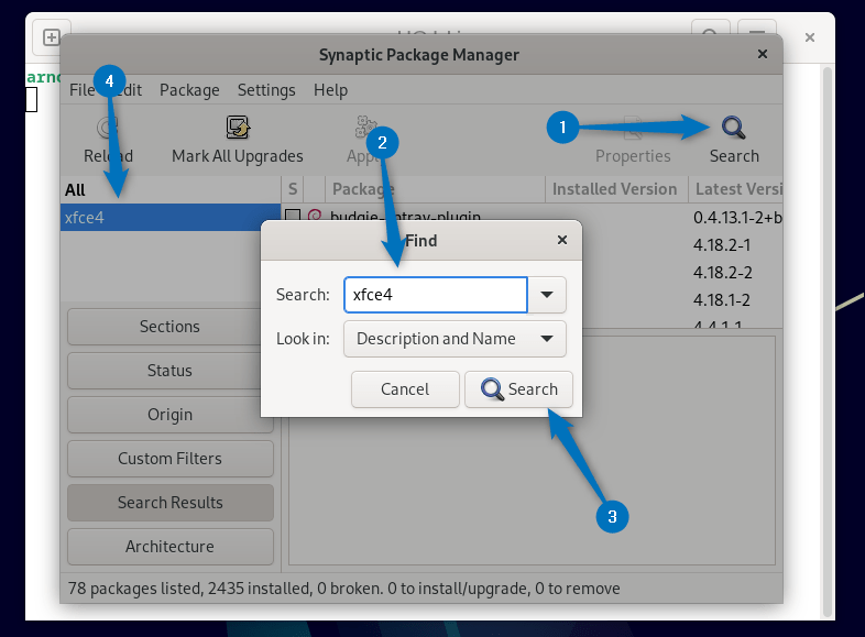 searching Xfce in Synaptic package manager