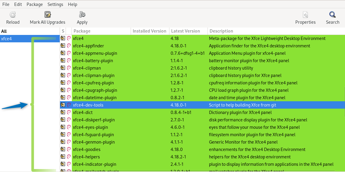 list of packages for selected for installing Xfce on Debian 12