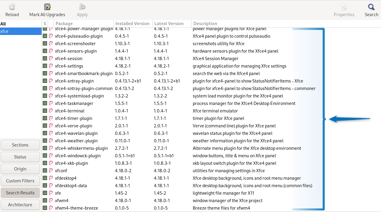 List of pacakges selected for installing Xfce on Debian 12