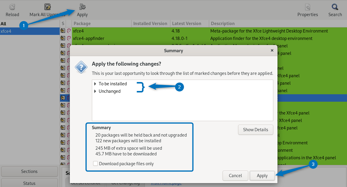installing the Xfce packages selected on Debian 12