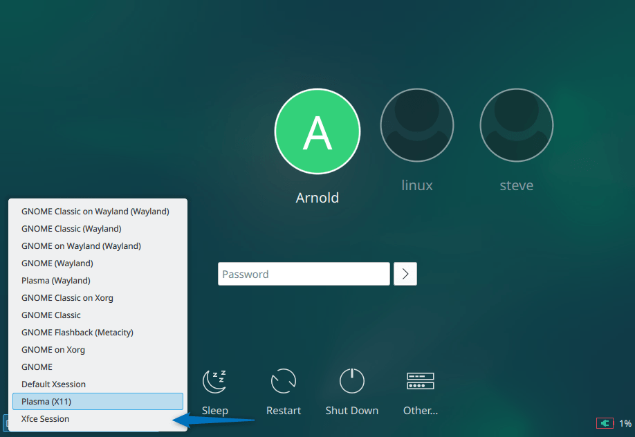 Selecting Xfce from Debian 12 login page