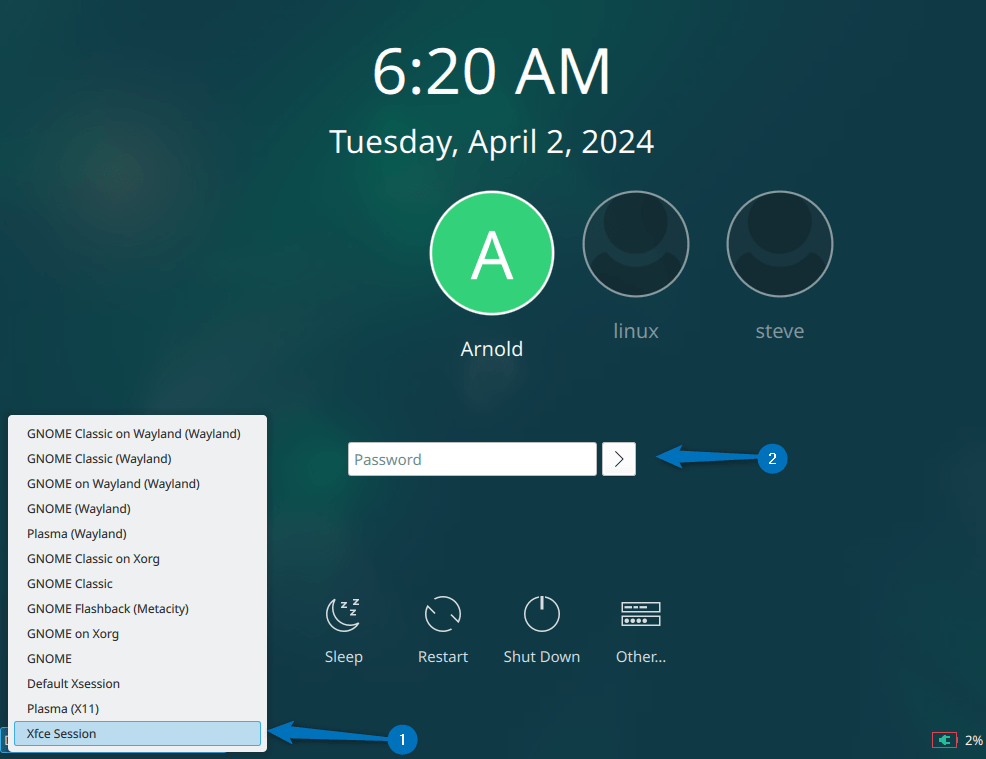Selecting Xfce from Debian 12 login page