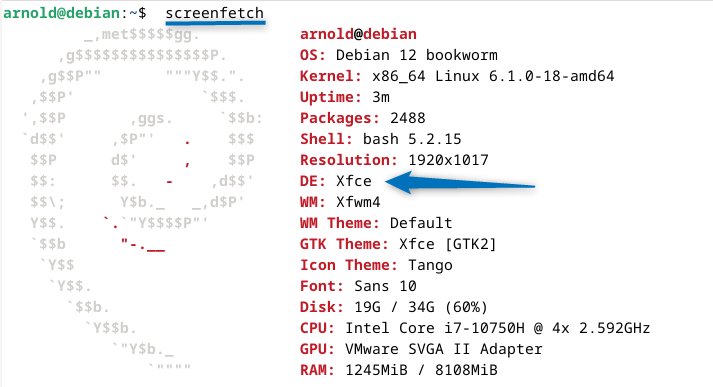 verifying Xfce as desktop environment on Debian 12 using screenfetch tool