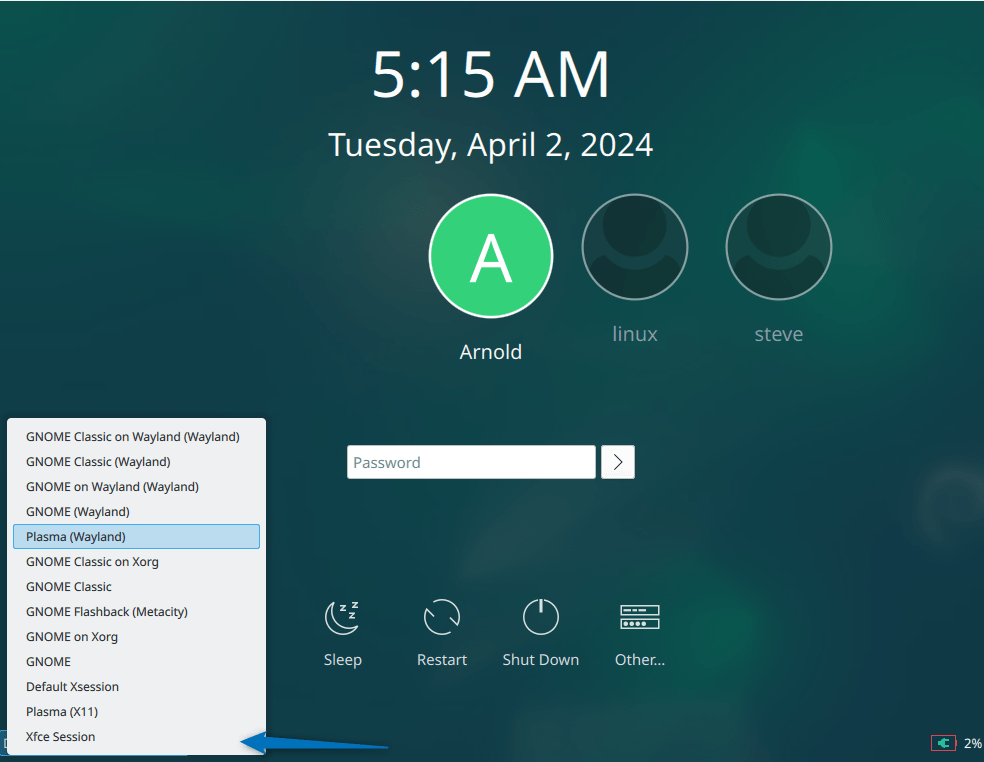 Selecting Xfce from Debian 12 login page