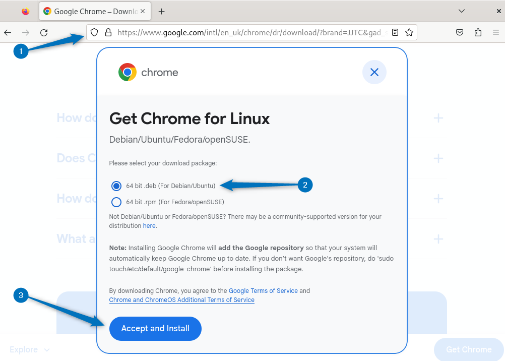 Downloading Google Chrome deb file on Debian 12 from official site