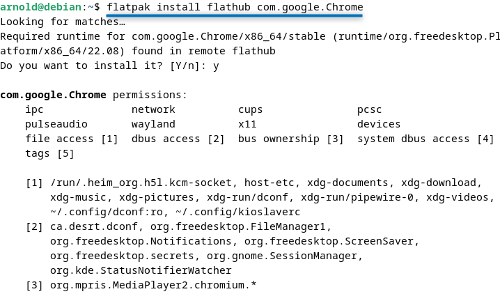 installing Google Chrome on Debian 12 using Flatpak package installer