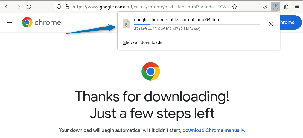 The Google Chrome is downloading on Debian 12