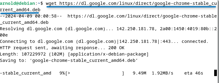 Downloading Google chrome stable version deb file trough terminal on Debian 12