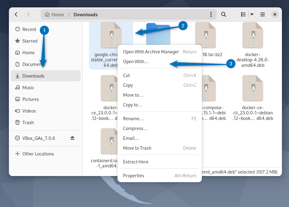 Opening Google Chrome deb file on Debian 12 via its software install application