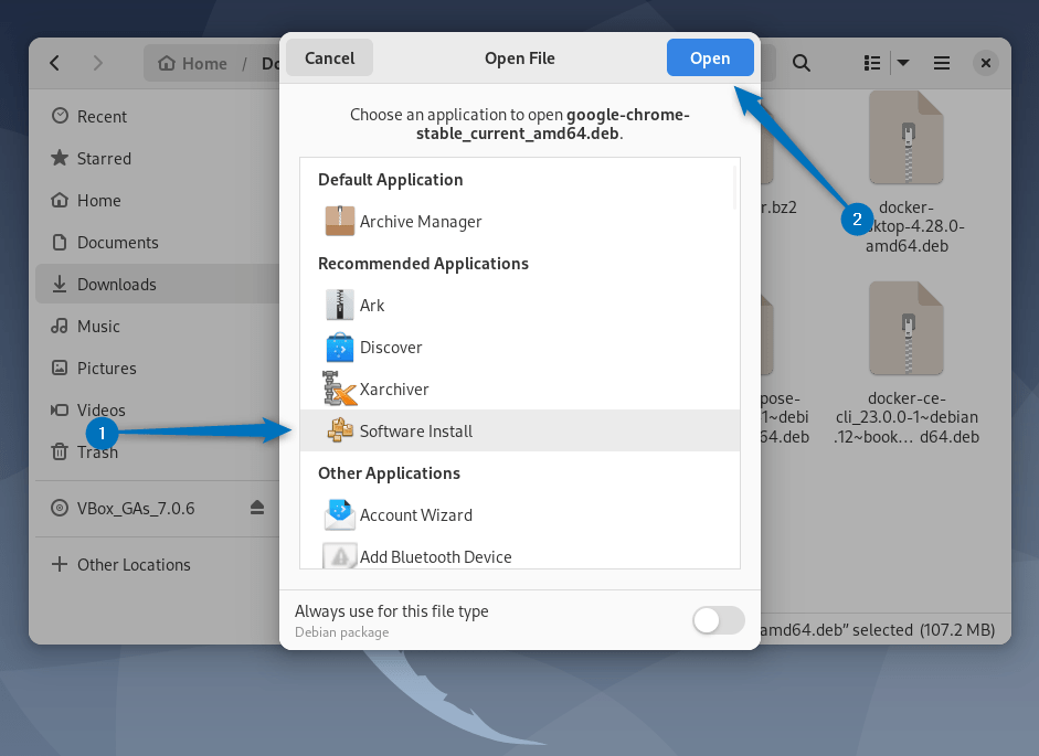 Selecting software install application to open Deb file on Debian 12
