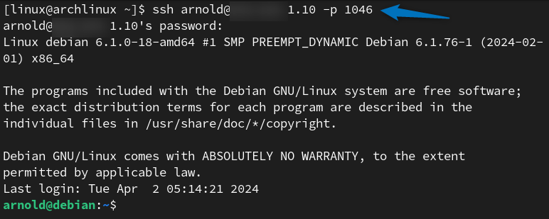 Accessing Debian 12 from Arch Linux using custom SSH port