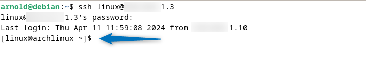 Accessing Arch Linux from Debian 12 using SSH