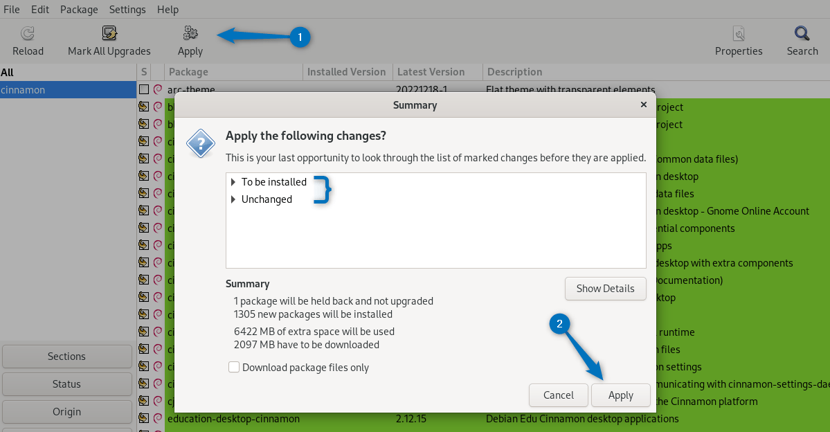 installing Cinnamon on Debian 12 via synaptic package manager